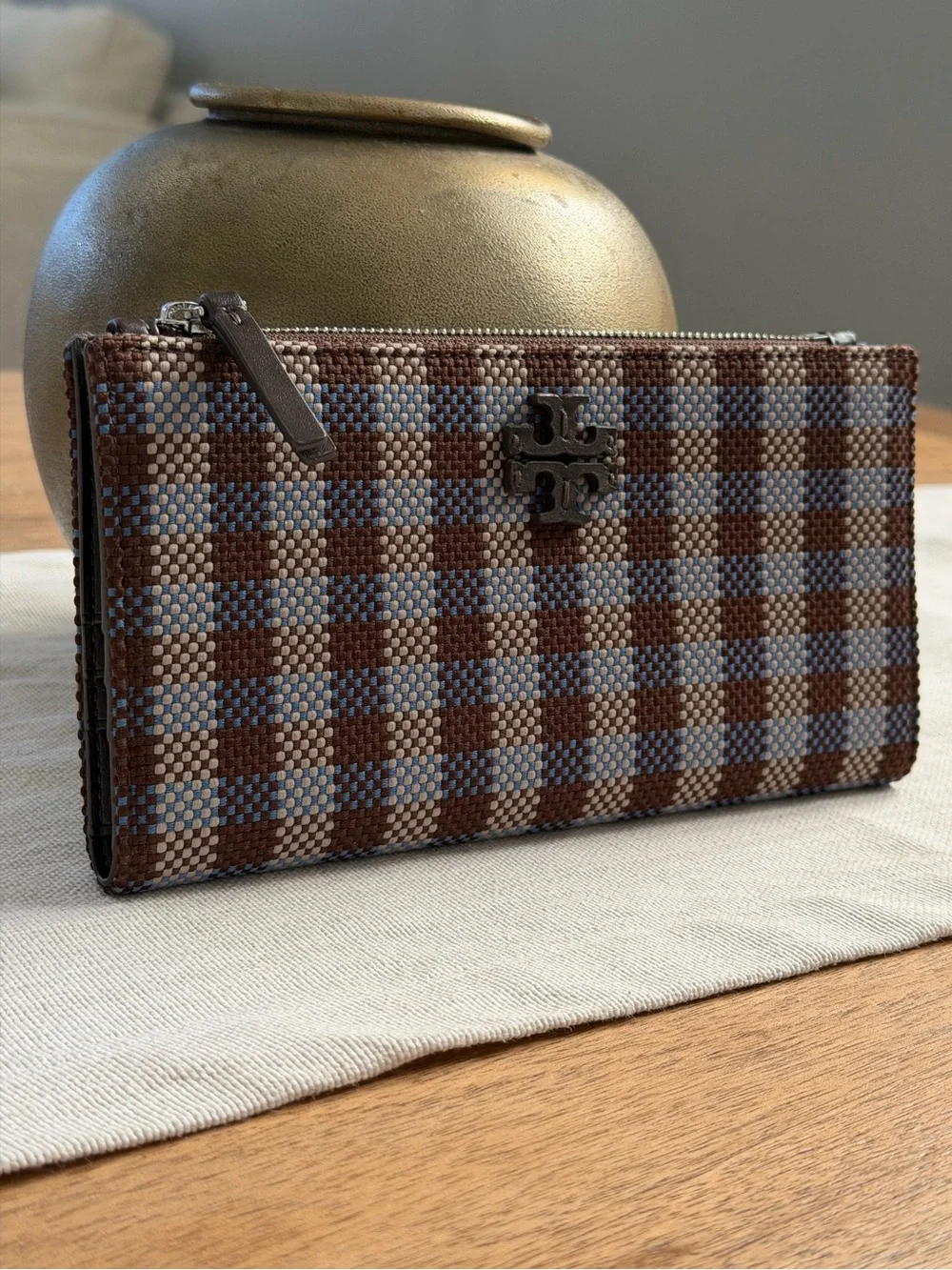 New TORY BURCH BLAKE PLAID SLIM WALLET blue multi